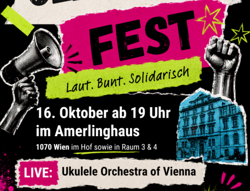 Wir feiern! Laut. Bunt. Solidarisch. Komm am 16. Oktober ins Amerlinghaus!