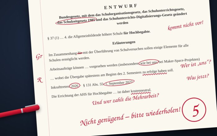 Korrigierter Gesetzesentwurf zur AHS für Hochbegabte mit roter Note 5: Nicht genügend – bitte wiederholen!