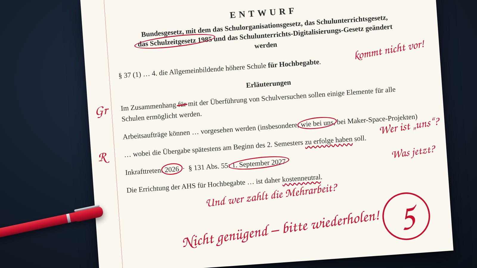 Korrigierter Gesetzesentwurf zur AHS für Hochbegabte mit roter Note 5: Nicht genügend – bitte wiederholen!
